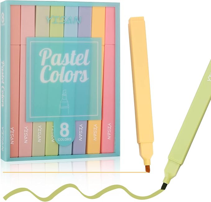 YISAN Highlighters Assorted Colors,Pastel Bible Highlighters No Bleed,Soft Chisel Tip,Cute Aesthetic for Book Journal,8-Pack