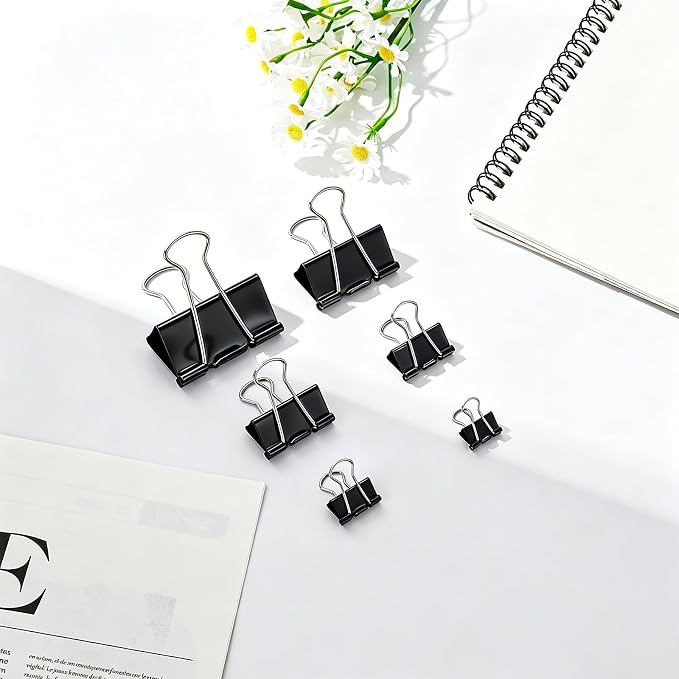 Temiary Binder Clips, Medium Metal Binder Paper Clip Black 0.98Inch, 48 Pcs | Paper Clamps with Clear Storage Container, Binding Paperwork Clamps for School Teachers Office Supplies