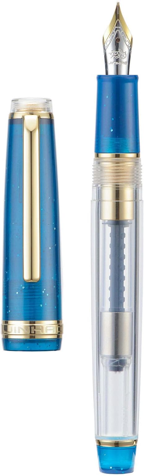 Jinhao 82 Acrylic Fountain Pen, Iridium Fine Nib with Ink Converter, Vintage Sea Blue & Transparent Color Classic Design Smooth Writing Pen (Gold Trim)