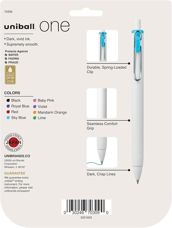 uniball™ one Gel Pens, Medium Point (0.7mm), Assorted Ink, 8 Pack | Ink stays on top of paper fibers for crisp vivid lines, wire pocket clip, color indicator top, smooth barrel & rubber grip