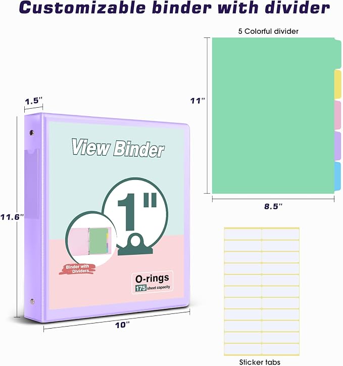 3 Ring Binder 1 inch，Cute Binder Organizer with 5 Tab Dividers Fits 175 Sheets of 8.5x11 Paper, Customizable Clear Cover with Inside Pockets, Aesthetic 1" Three Ring Binders for School Office，Purple