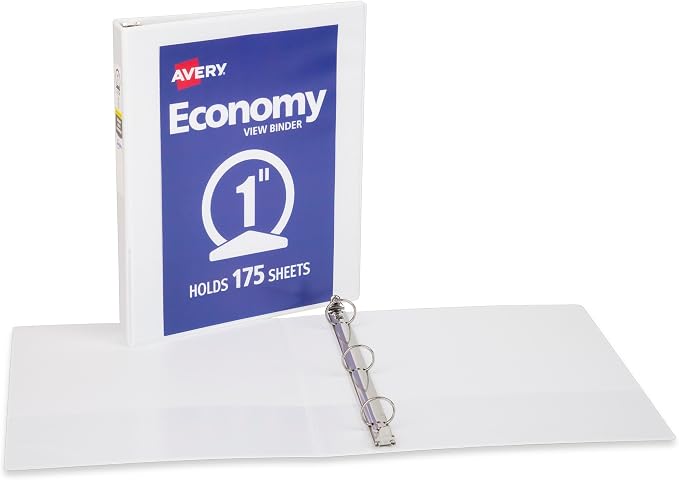 Avery Standard View 3 Ring Binder, 1" Round Rings, 175-Sheet Capacity, 1.4 Inch Wide Spine, 1 White Binder, Ideal for Lightweight Organization and Occasional Referencing (05760)