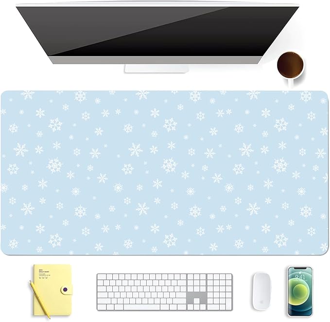 Winter Snowflake Leather Desk Mat Extended Gaming Mouse Pad | Non-slip Large Writing Pad Laptop Blotter Computer Keyboard Mat | Cute Blue Desk Protector for Home Office 27.6" x 13.8"