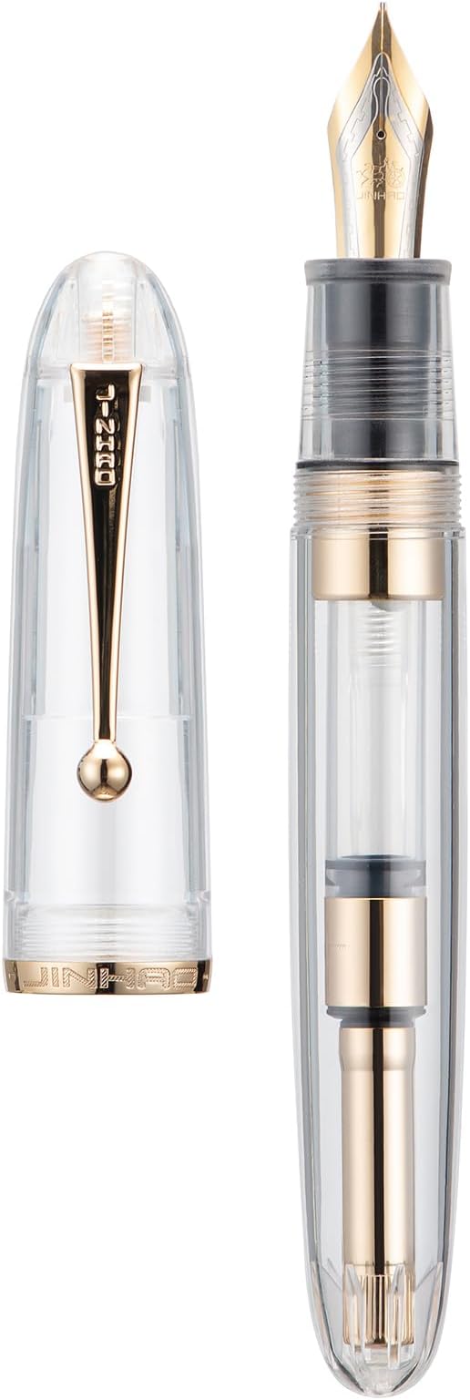 Jinhao 9019 DaDao Series Fountain Pen, Size 8 Extra Fine Nib with Large Ink Converter, Transparent Clear Design Smooth Writing Pen (Gold Trim)