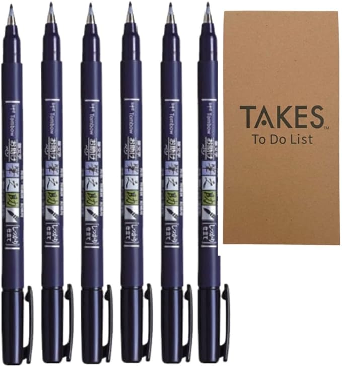 Fudenosuke Brush Pen Black x6-pen pack, with Takes To Do List Notepad - Calligraphy Pens for Writing and Art Drawings (6x Hard Tip)