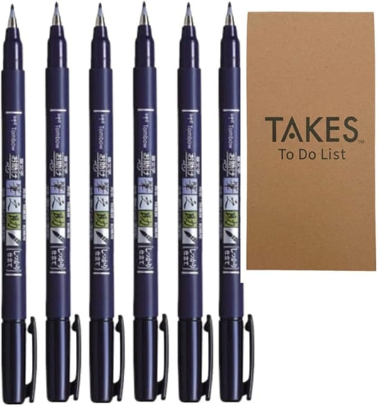 Fudenosuke Brush Pen Black x6-pen pack, with Takes To Do List Notepad - Calligraphy Pens for Writing and Art Drawings (6x Hard Tip)