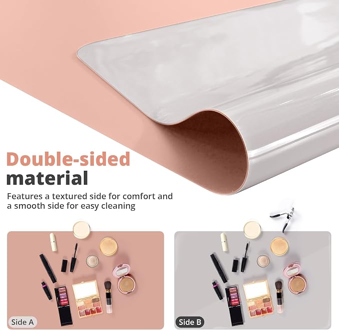 LovePads Makeup Mat for Vanity, 14 x 24 Dual-Sided Desk Pad & Vanity Cover Top, Waterproof PVC Protector Mat for Dresser, Nail Art, Craft Table (Pink+Silver)