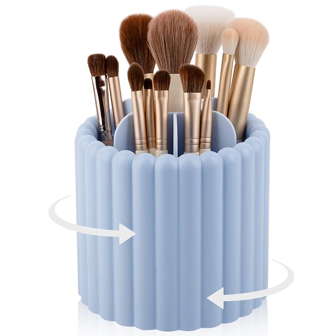 Rotating Makeup Brush Holder Organizer with Removable Dividers, Blue | 7 Slots Make Up Brush Organizer 360 Spinning Cosmetic Storage Pen Holder for Desk, Vanity, Dresser