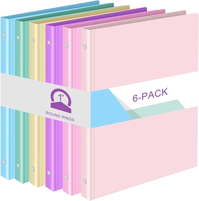 Fulmoon 6 Pack Plastic 3 Ring Binder Assorted Colors Economy Flexible Round Ring Presentation Binders with Pocket for Office School Meeting(1 Inch,Pastel Colors)