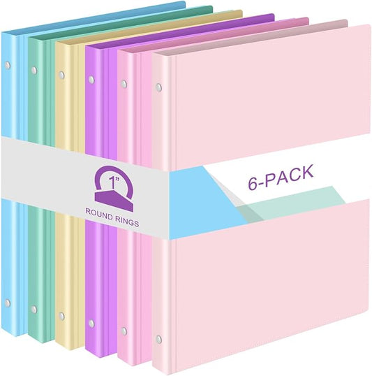 Fulmoon 6 Pack Plastic 3 Ring Binder Assorted Colors Economy Flexible Round Ring Presentation Binders with Pocket for Office School Meeting(1 Inch,Pastel Colors)