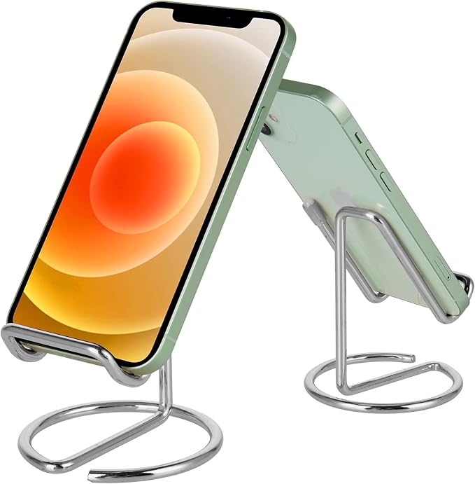 ROPOSY Cell Phone Stand for Desk, Cute Metal Silver Cell Phone Stand Holder Desk Accessories, Compatible with All Mobile Phones, iPhone, iPad