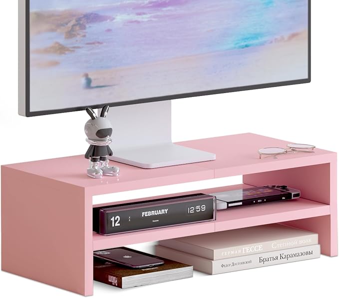 TEAMIX 2 Tiers Pink Monitor Stand Riser, Desktop Stand with Keyboard Storage Small TV Stand Laptop Wooden Desk Organizer Cute Shelf