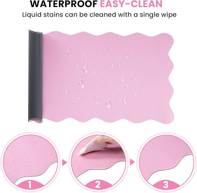 PU Leather Desk Pad, Scalloped Non-Slip Mouse Pad & Large Desk Mat Cover Stitched Edges Writing Pad for Office, Home - Waterproof, Easy to Clean, Durable Surface I 31.4"x15.7", Pink