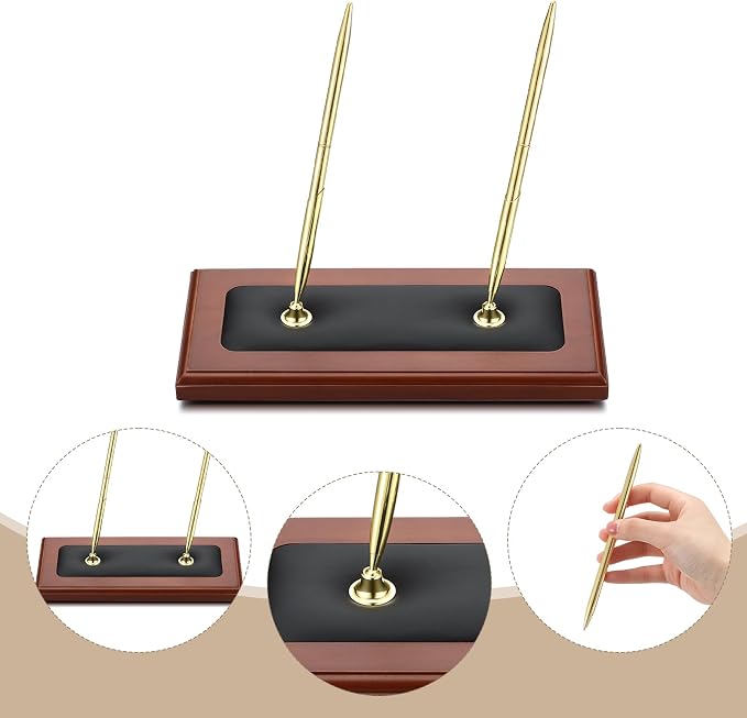 Fuyoooo Wood & Leather Double Pen Holder Desk Sets and Accessories Luxury Stand with Desk Pen for Guest Book Office Business Teacher Wedding Birthday Party Graduation