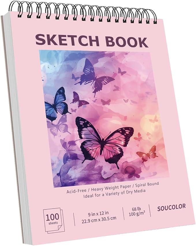 Soucolor Sketch Book 9" x 12" for Teen Girls, Cute Pink Sketchbook | 100 Sheets Spiral Notebook Drawing Pad|Pastel School Art Supplies for Beginner Artists|Arts and Crafts Gifts Set for Women