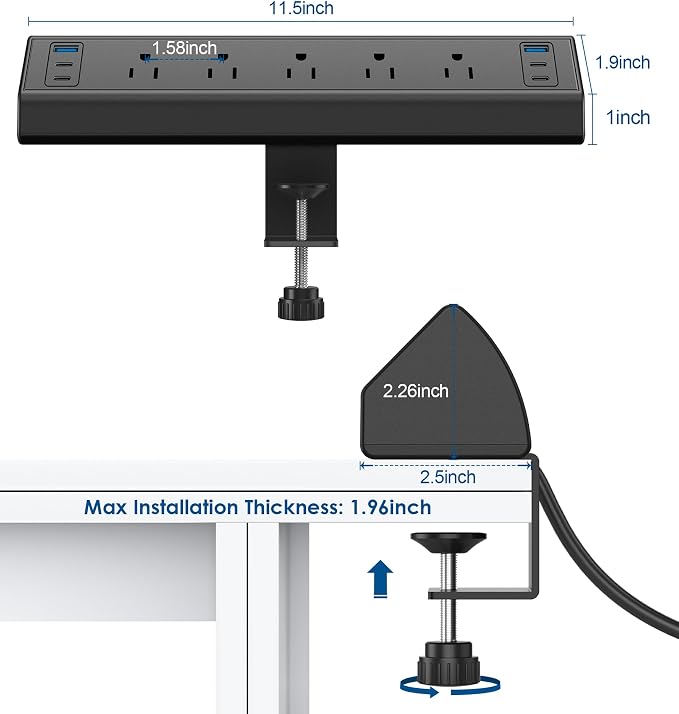 Jgstkcity Desk Clamp Power Strip USB C,40W Total Fast Charging Station,4 PD 20W USB C Ports,Desk Edge Mount Surge Protector,5 Outlets,Fit 1.96" Tabletop Edge,ETL Listed | 1200J,Total 40W Charging Hub,5 Outlets & 6 USB, 6FT Extension Cord, Fits 1.96" De...