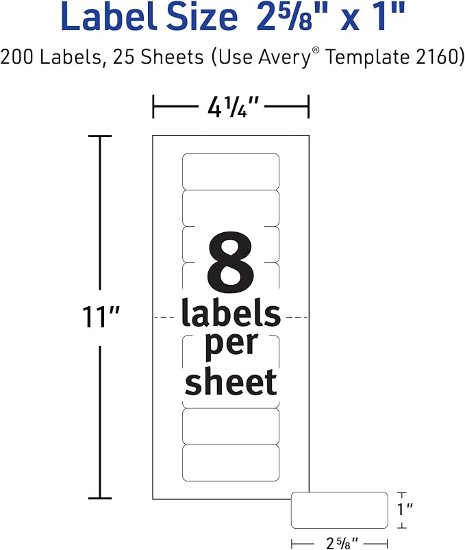 Avery Printable Mini-Sheets Address Labels, 1" x 2-5/8", White, Permanent Adhesive, Laser/Inkjet Compatible, 200 Blank Stickers Total, Great for Printing a Few Labels at a Time (2160)
