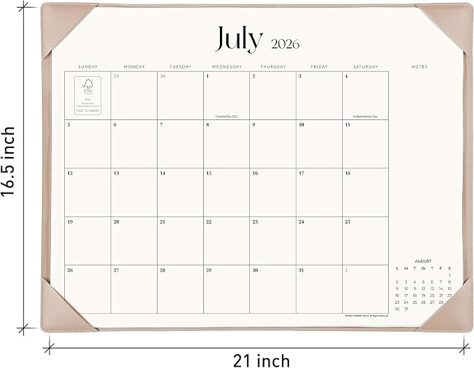 Simplified Desk Calendar 2026 with Desktop Mat, Cabbrix Large Desk Pad Calendar 21" x 16-1/2" Runs From July 2026 to December 2027, Desk Blotter Calendar for Home School and Office (Apricot)
