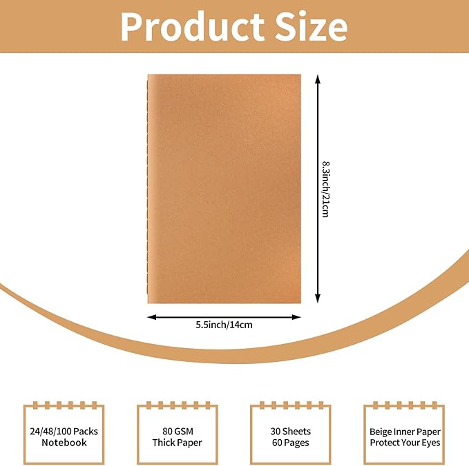 24 Pack A5 Ruled Lined Kraft Notebooks Bulk, Journaling Notebooks, A5 Lined College Ruled Notebook, 8.3x5.5 Inches 60 Pages Travel Journal Notebooks Set for Work, School, Writing