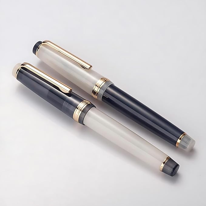 Jinhao 82 Clear Acrylic Fountain Pen 2-Pack, Fine Nib, Gray/Ivory White | Refillable Fountain Pens With Converter & Pouch. Sleek Clear Gray & Clear Ivory White design