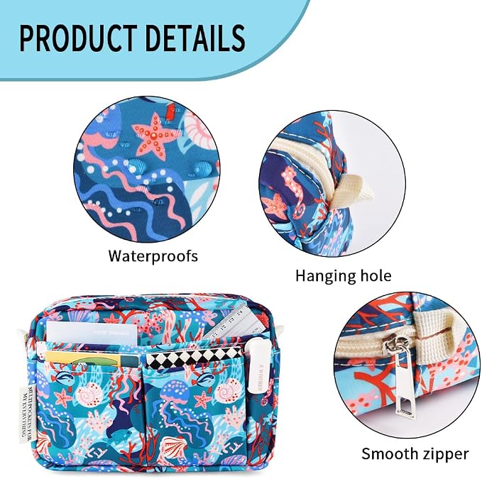 E-WEICHEN Multiple Pockets Portfolio Organizer with Zippered, Makeup Bag Travel Essentials for Women, Simple Waterproof Stationery Pencil Pouch Bag for Journal Office Art Supplies.Blue Jellyfish