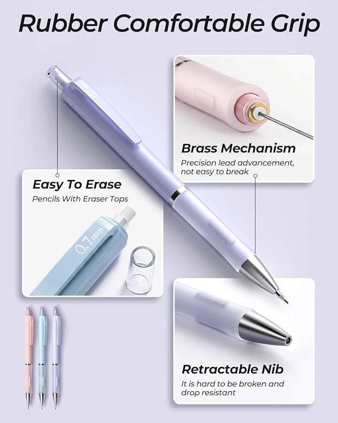 Nicpro 3PCS Cute Mechanical Pencil Set with Case, 0.7 mm Pencils with 6 Tube HB Lead Refill, 3PCS Eraser, 9PCS Eraser Refill for School Supplies Student Writing, Drafting Drawing Sketching