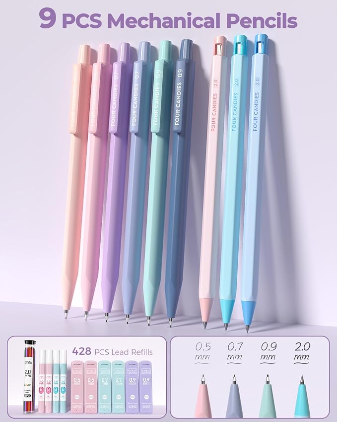 Four Candies 56 PCS School Supplies with Cute Pencil Case (Light Purple) | 6 Multicolor Pens, 12 Pastel Highlighters, 5 Black Gel Pens, 9 Mechanical Pencils, Student Stationery Set College Essentials