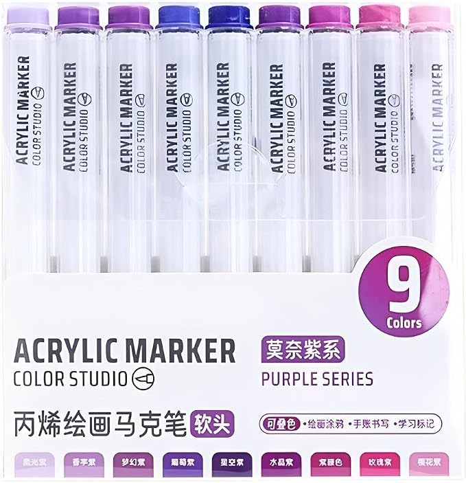 Purple Acrylic Paint Pen Markers, 9 Colors Soft Brush Tip Paint Pens for Wood Glass Eggs Rock Painting Canvas Stone Fabric DIY Crafts Making Art Supplies (Purple)