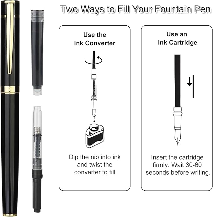 Fountain Pen Set, Elegant Executive Fine Nib Pen with Ink Converter, Refill Tool, Black & Assorted Cartridges, Bottled Ink, Gift for Journaling, Writing, Office and Beginners (Black & Gold)