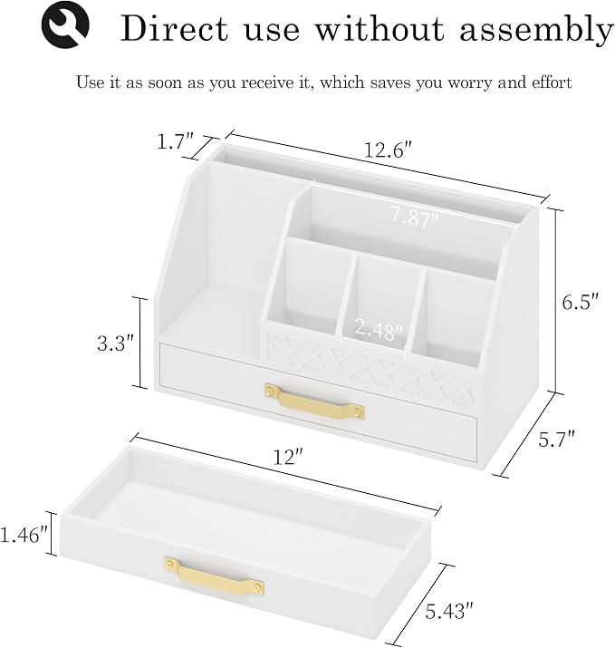 Bamboo Desk Organizer with Drawers, Mail Organizer Countertop Wood Desk Drawer Tabletop Storage Organization Pen Holder Letter Sorter Makeup Organizer for School Home Office (White)