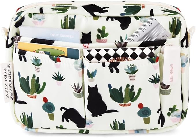 E-WEICHEN Multiple Pockets Portfolio Organizer with Zippered, Makeup Bag Travel Essentials for Women, Simple Waterproof Stationery Pencil Pouch Bag for Journal Office Art Supplies.White Black Cat