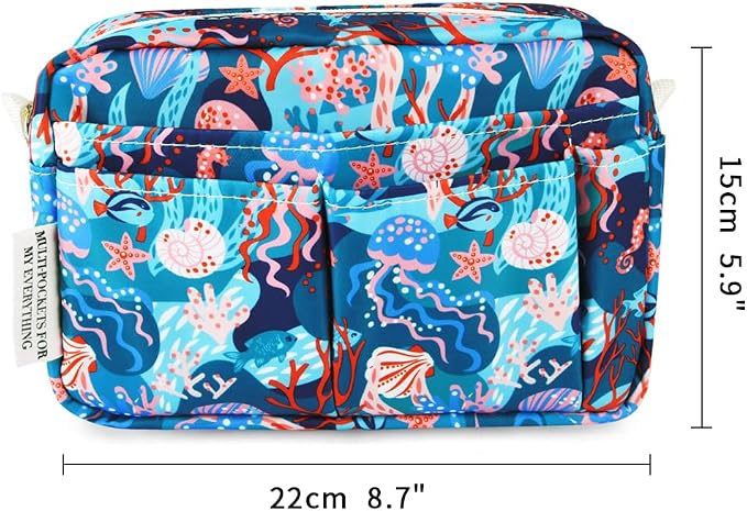E-WEICHEN Multiple Pockets Portfolio Organizer with Zippered, Makeup Bag Travel Essentials for Women, Simple Waterproof Stationery Pencil Pouch Bag for Journal Office Art Supplies.Blue Jellyfish