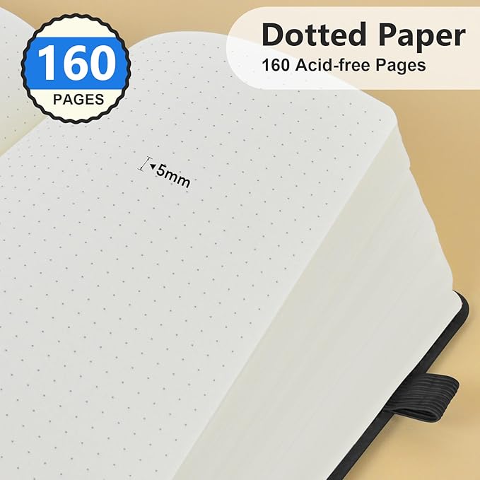 PERCUN A5 Dotted Journal Notebook, Leather Hardcover Notebook 5.9"×8.5" | 160 Dotted Pages Journal for Women & Men, Dot Grid Notebook for Writing, Work, School, Travel Daily Diary, Bullet Journaling