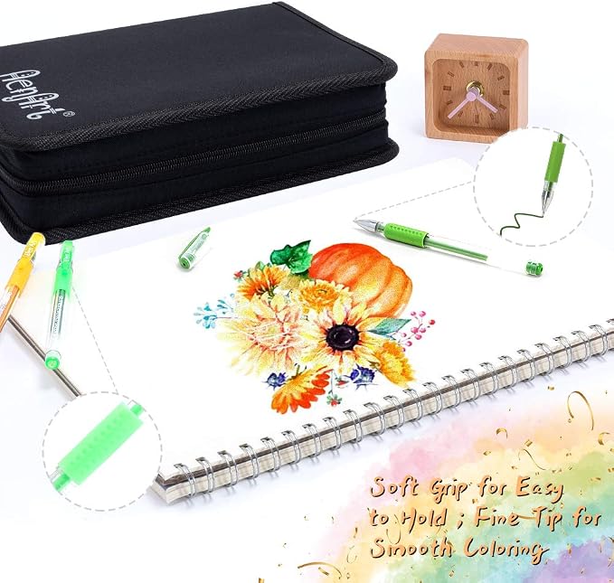 Aen Art Gel Pens for Adult Coloring Books, 160 Pack Artist Colored Gel Pen with 40% More Ink, Black Case. Perfect for Drawing Doodle Crafts Journaling Planner