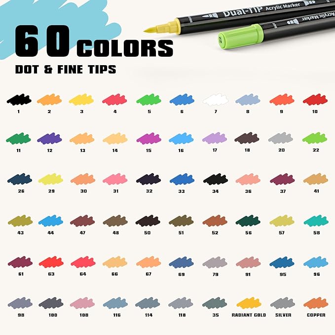 60 Colors Acrylic Paint Markers Set, Dual Tip Paint Pens with Fine & Dot Tip for Stone, Wood, Calligraphy, Canvas, Ceramic, Metal, Glass and Rock Painting