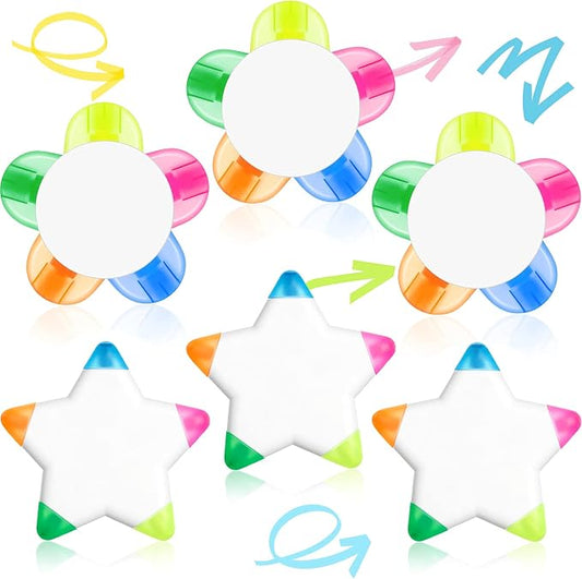6 Pieces Petals Highlighters Flower and Star Shape Highlighter Cute Watercolor Highlighter Pens 5 in 1 Fluorescent, Brush Tip for Office Stationery Supplies Back to School 5 Colors