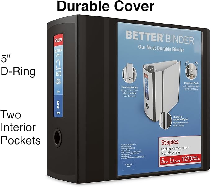 Staples Better Binder, 5" Extra‑Capacity D‑Ring Heavy‑Duty Binder, Black, Reinforced Spine, Holds 1,050 Sheets, High‑Capacity Organizer for Office & Records, 2‑Pack