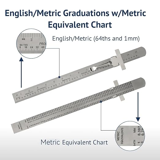 PEC Tools 6” Machinist Pocket Ruler – 5 Pack Bundle, Stainless Steel Ruler with Pocket Clip - mm and 64ths Graduations on Front, Metric Equivalents Chart on Back, Round End Metal Rule, Made in USA