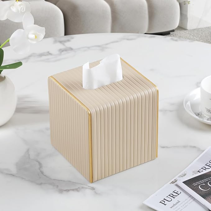 Square PU Leather Tissue Box Cover with Magnetic Closure, Decorative Tissue Holder & Storage Container for Bedroom, Living Room, Dining Room, Bathroom, Countertop, Desk & Office (Beige)