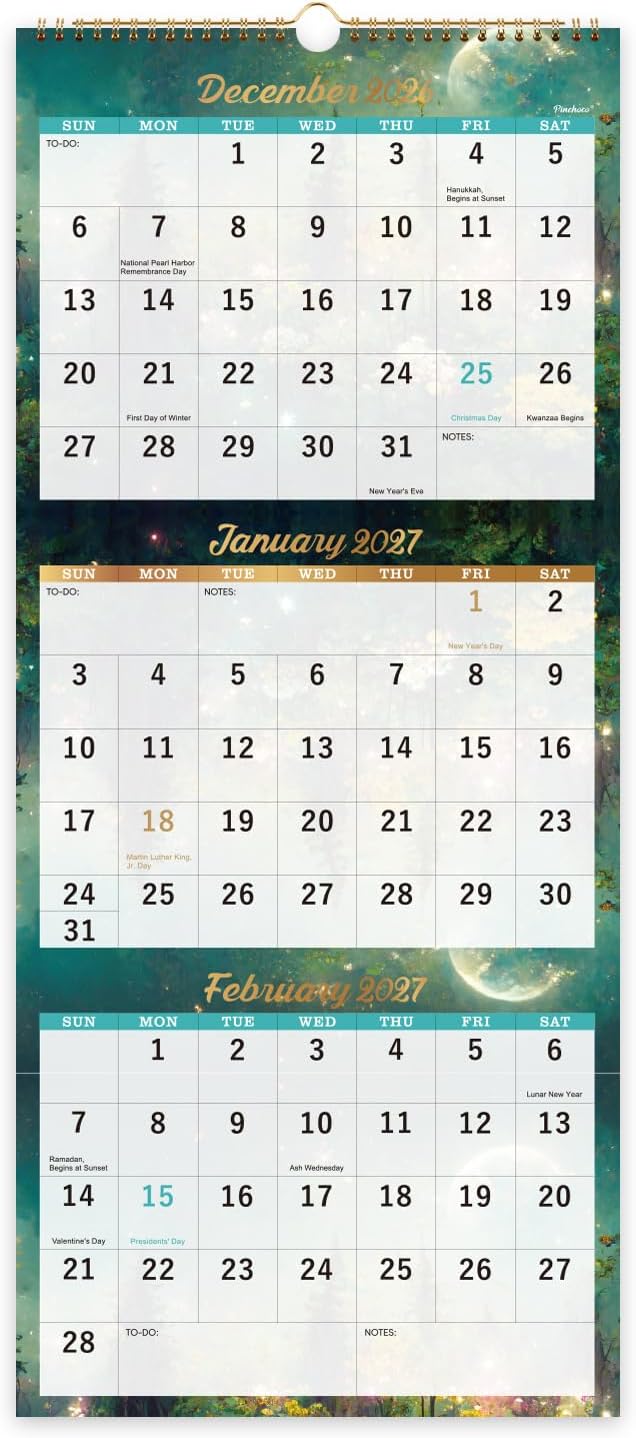 2027 Calendar - 3 Month Calendar 2027 Vertical Display (Folded in a Month) | Jan.2027 - Dec.2027, 11" x 26", 2027 Wall Calendar Large, 3 Month Wall Calendar 2027 Lay- Flat with To-do & Notes - Green