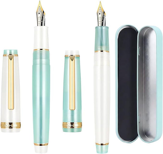 Jinhao 82 Acrylic Fountain Pen 2-Pack, Fine Nib, Lake Blue/Porcelain White | Refillable Fountain Pens With Converter In A Metal Gift Box . Lake Blue & Porcelain White Design