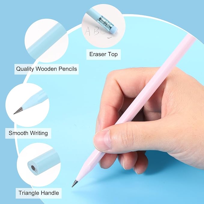 PATIKIL Round Pencils, 12 Pcs Triangle HB Graphite Pencil Wooden Pencils with Eraser for Classroom Office Writing Drawing Supplies, Blue