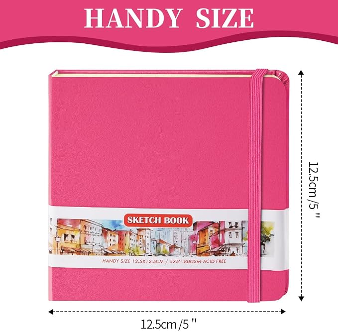 5x5" Pocket Sketch Book,80gsm Hardcover Art Sketchbook for Drawing Journal | PU Cover,Blank Paper,96Sheets/192Pages,Lay-Flat,Portable Travel Creation Paint Diary Memo Planner,Dry Media.Rose Pink