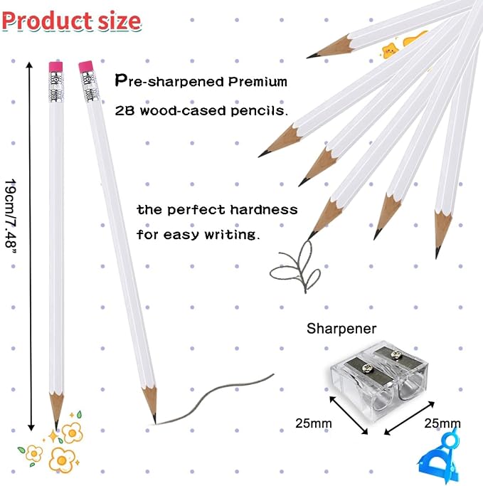Adhere 25pcs Woodcase Pencils with Eraser Premium Pre-Sharpened Hexagon Graphite 2B pencils ideal for home, office writing including a Free Sharpener(White・25pcs)