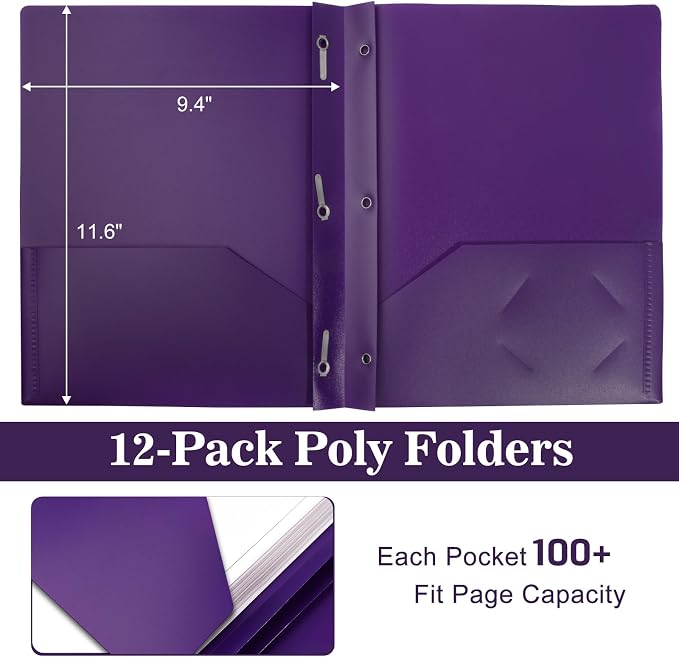 12-Pack Plastic Folders with Pockets and Prongs, 2-Pocket Poly Folders with 3 Fasteners Holds 8-1/2" x 11" Paper for School/Office/Home, Purple