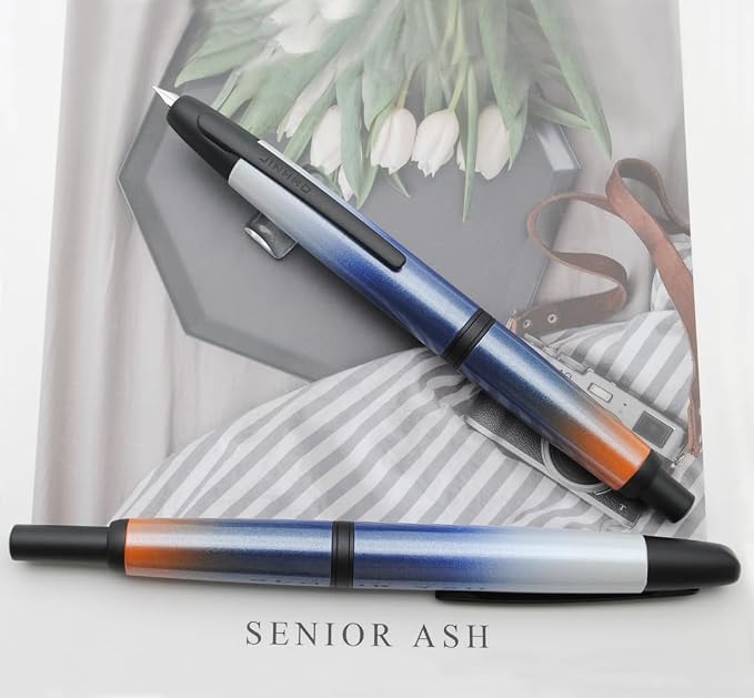 JINHAO 10 Press Fountain Pen, Retractable Metal Pen with Ink Converter (F Nib 0.5mm, Gradient Dark Blue - Black Clip)