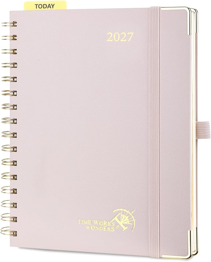 POPRUN 2027 Planner Daily Weekly and Monthly Calendar with Hourly Schedule(Medium Size 8.5'' x 6.25'' Wire-Bound Hard Cover) - Agenda 2027 (Jan.2027-Dec.2027), Monthly Tabs - Light Pink