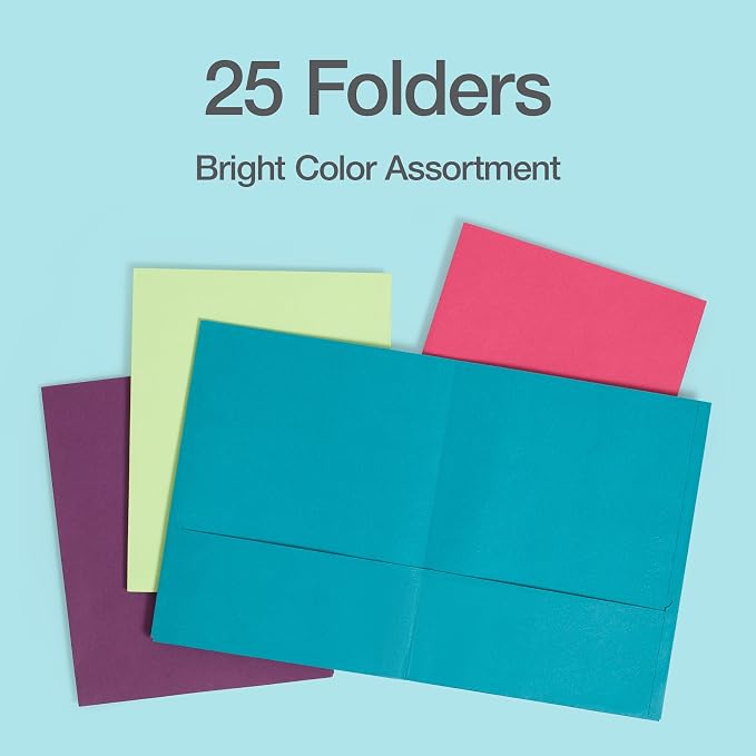 Oxford 2 Pocket Folders, 25 Pack, Bright Colors, School Value Pack | Each folder holds 100 letter size sheets. Sturdy covers hold up in backpacks all year. Easy to color code. Made in the USA.