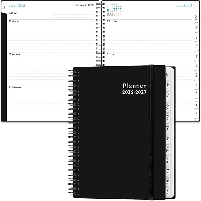 2026-2027 Planner - Planner 2026-2027 from July 2026 - June 2027, Weekly & Monthly Planner Spiral Bound with 12 Monthly Tabs, Inner Pocket, 6.4" x 8.5", Black-E