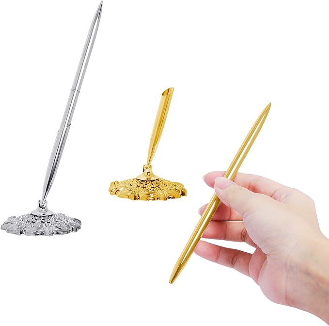 2 Pcs Hollow Round Pen Holder Metal Pen Stand Holder Set Signing Pen Set Signing Desk Ballpoint Pens for Guest Book Wedding Birthday Party Graduation Teacher Office Business (Gold Silver)